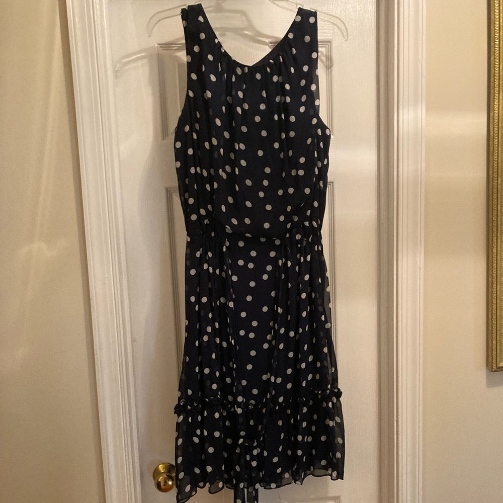 dressbarn Navy White Polka Dot Tiered Dress